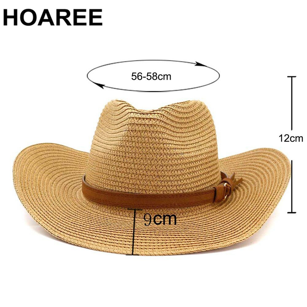 HOAREE, sombrero de vaquero de verano para hombre, sombrero de paja azul marino para el sol con cinturón, sombrero ancho Vintage para mujer, gorros de vaquera para decoración de playa, sombreros UV