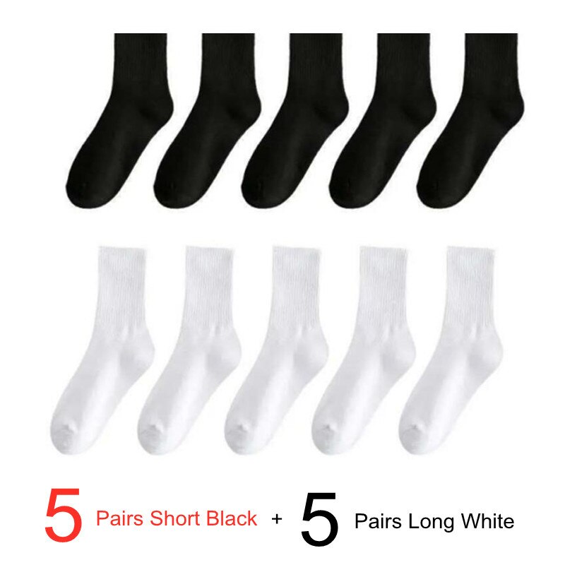 Calcetines clásicos de algodón 95% para mujer y hombre, medias largas y cortas de Color sólido, Color blanco y negro, 10 par/paquete: H