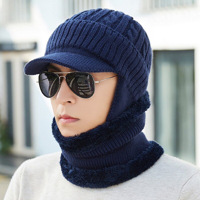 Unisex Mannen Vrouwen Winter Warm Hat Nek Warmer Ambachten Knit Visor Beanie Fleece Gevoerde Ear Flap Cap-Opk: navy blue