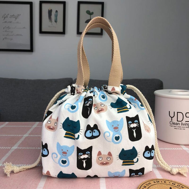 Canvas Print Picnic Lunch Bag Drawstring PortableTote Bag Food Storage Box for Women Cartoon Printing Fruit Thermal Bags: 17