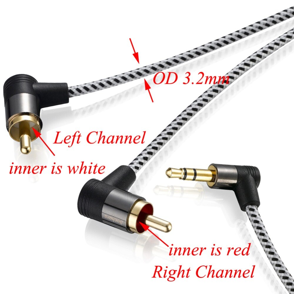 Bochara Gevlochten 90 Graden 3.5 Mm Jack Naar 2RCA Audio Kabel Gewikkeld Afgeschermde Voor Luidsprekers Versterker Mixer 1.8 M 3 M 5 M 10 M