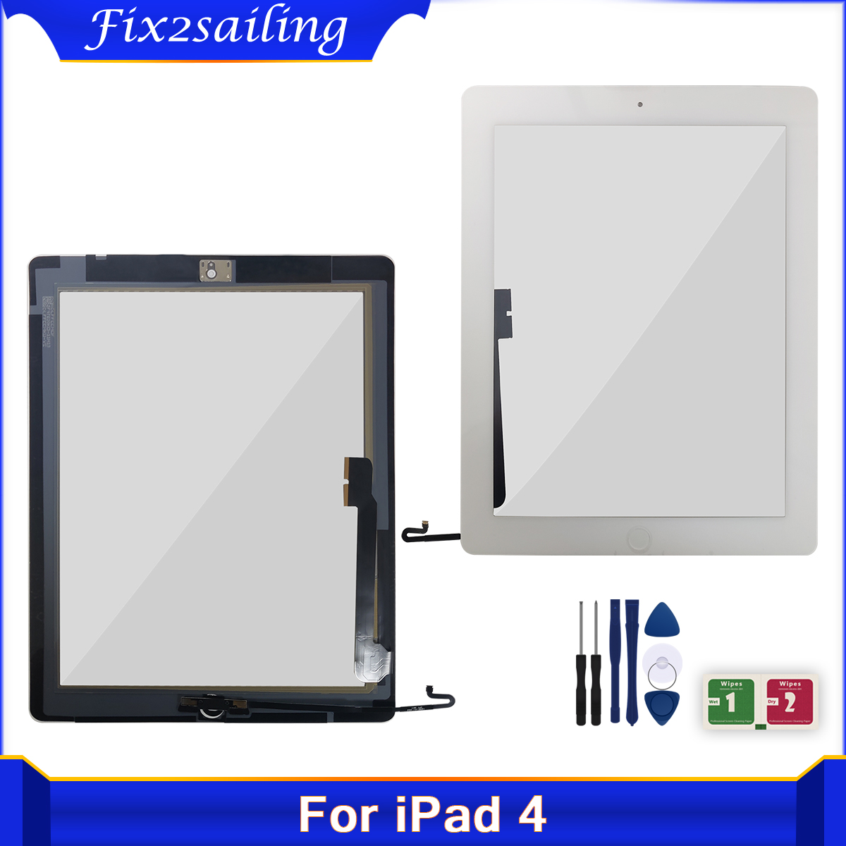 Tela de toque para ipad, 4, 4th gen, a1458, a1459, a1460, 9.7 polegadas, externo, touch screen, digitalizador, painel de vidro frontal, substituição + botão chave