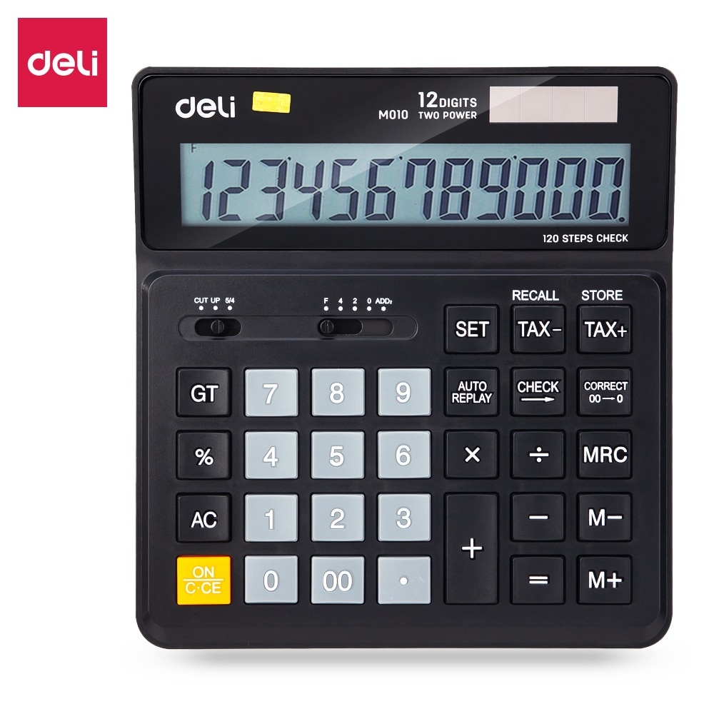 Deli 120 steps check function Tax Calculator Business office finance destop 12 digit dual power solar Black EM01020