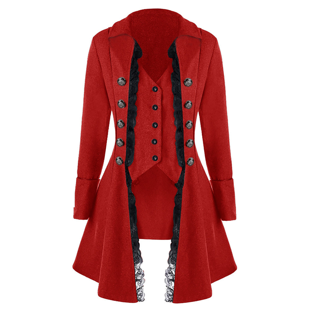 Men Suit Jacket Long Tuxedo Vintage Steampunk Retro Tailcoat Gothic Victorian Frock Coat Cosplay Lace patchwork: Burgundy / M