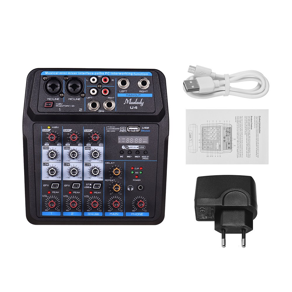 Muslady U4 Portable 4 Channels Audio Mixer BT USB Mixing Console with Sound Card Built-in 48V Phantom Power EU/US Plug