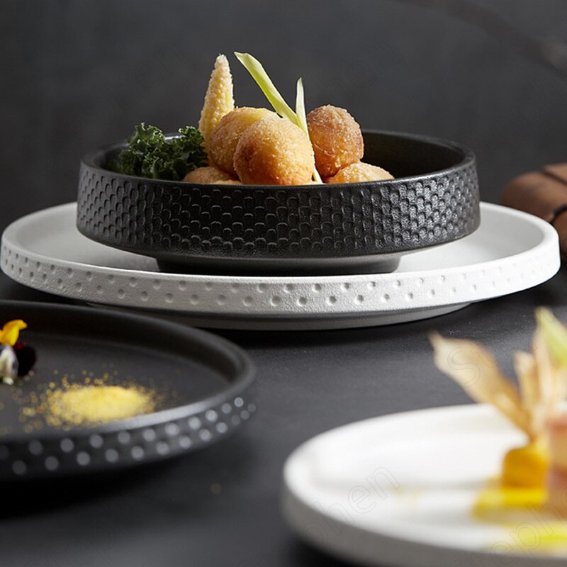 Matte Hammer Pattern Dinner Plates Japanese Modern French Western Ceramic Plate Restaurant Hotel Serving Tray Fruit Salad Bowl