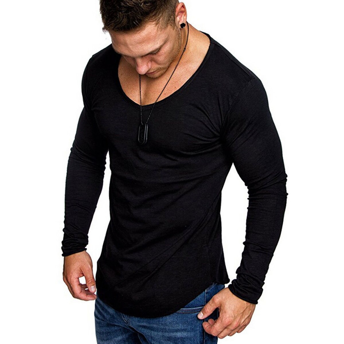 Moomphya streetwear hip hop herre t-skjorte langlinjekant ensfarget t-skjorte herre stilig slim fit t-skjorte sommer topper morsomme t-skjorter: Svart / Asia størrelse 3xl