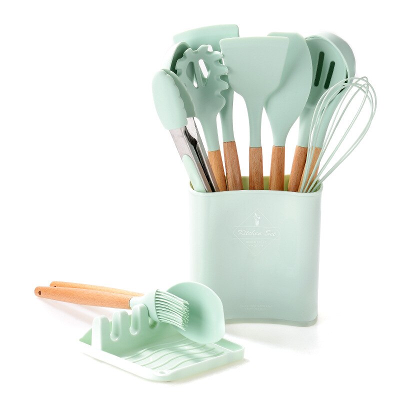 13Pcs Kitchen Silicone Cooking Utensils Set Wooden Handle Silicone Spatula Spoon Nonstick Kitchen Cooking Tools With Storage Box: Green
