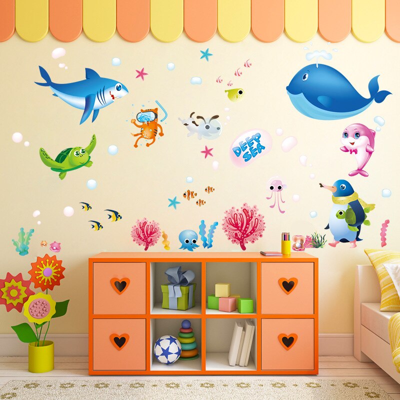 Pegatinas de pared para acuario, decoración para el hogar en el fondo marino para la habitación infantil, pegatina de vinilo para habitación infantil subacuática, decoración para el cuarto del bebé