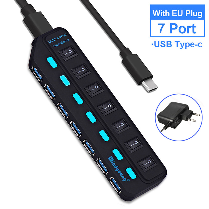 USB 3.0 HUB Typ-C HUB Multi USB Splitter 4/7 Port Expander Mehrere USBC 3 Hab Verwenden Netzteil USB 3.0 Hub mit Schalter für PC: Weltraumgrau