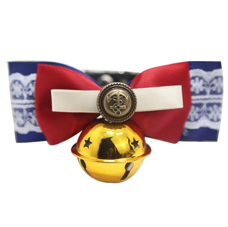 Cute Pets Cat Dogs Adjustable Collar Leather Bowtie Necktie Plaid Lace Bowknot with Bell for Wedding Party Cat Dog Grooming Tie: Blue   Golden Bell / S