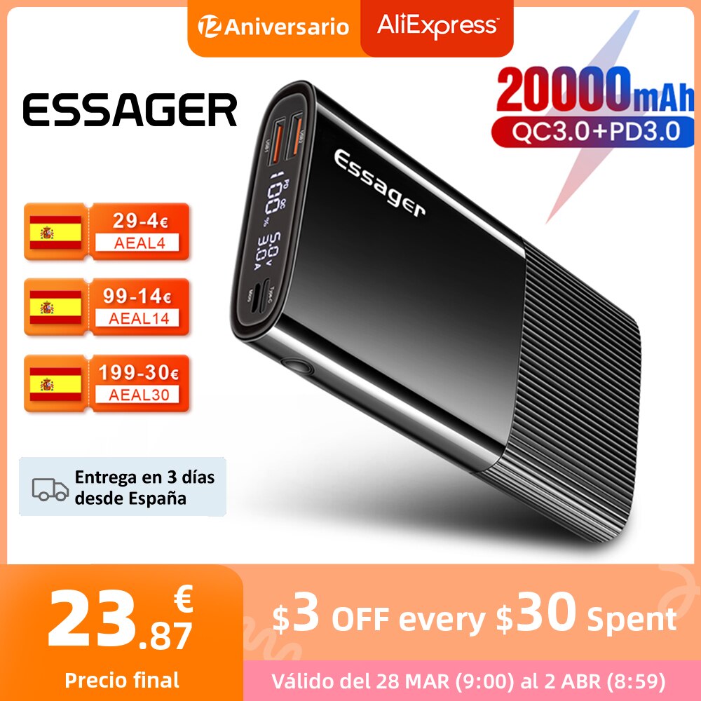 Essager-power bank 20000 mah usb tipo c, pd, qc 3.0, bateria portátil externa para xiaomi 20000 mah