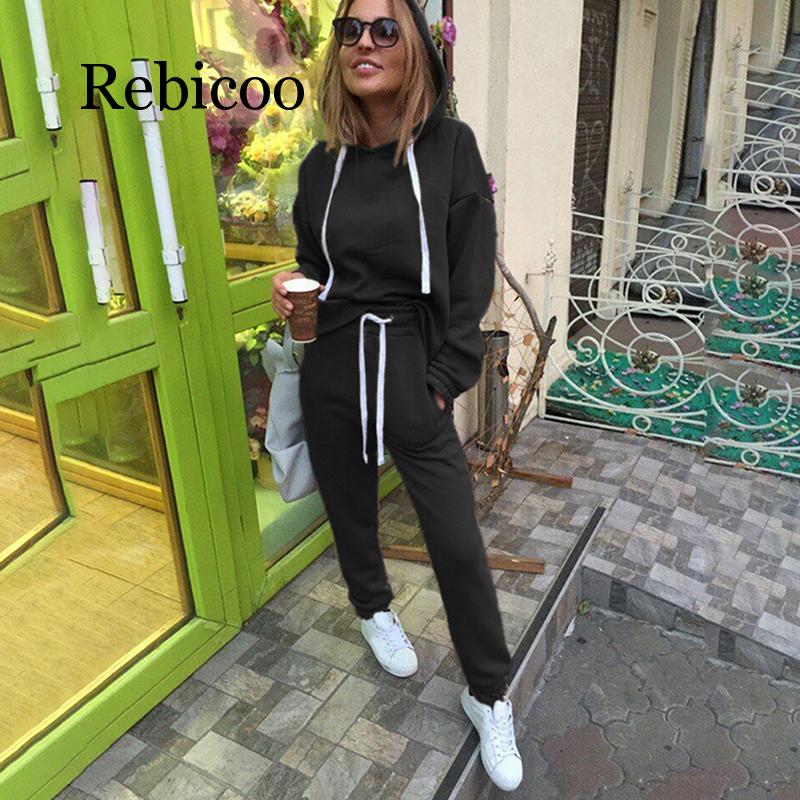 Rebicoo 2pcs Set Hoodies Loose Hooded Tops Sweatshirt+Solid Long Pants 2 Pieces Sets Women Clothing Suits Female Tracksuit