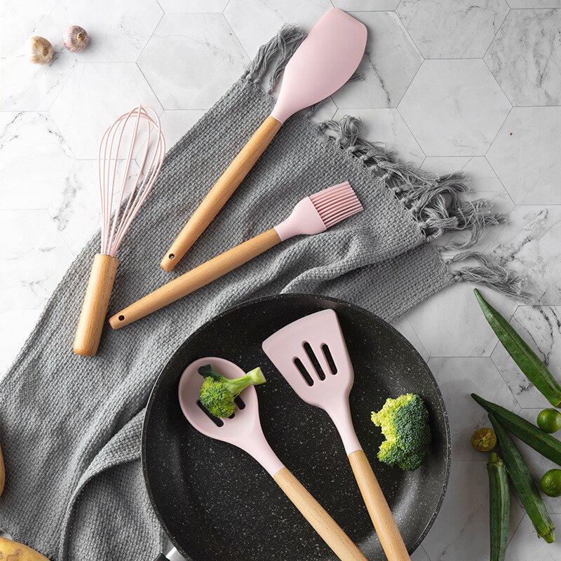 Ensemble d'ustensiles de cuisine en Silicone 11 pièces, poignée en bois massif rose avec boîte de rangement, accessoires d'outils de cuisine Kit de cuisine