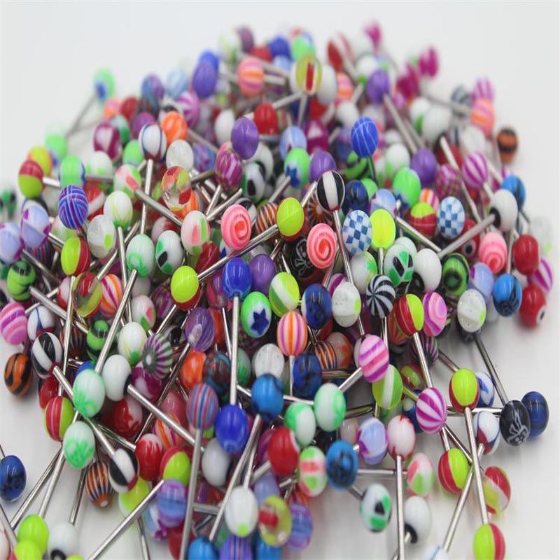 10/20/30/50/100 Pcs Dubbele Acryl Bal Tong Tepel Oor Ringen Bars Barbell Plug tunnel Body Piercing Sieraden Willekeurige Kleur @ M23