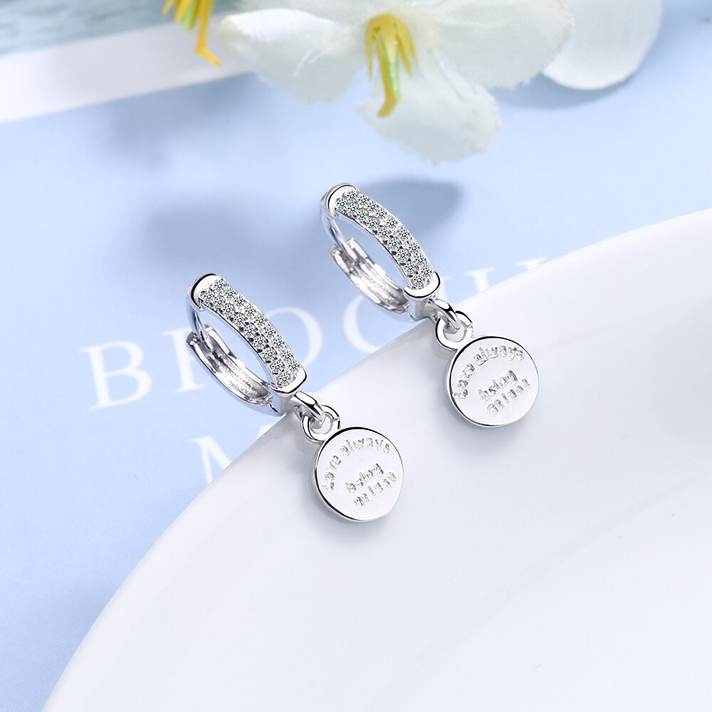 ANENJERY Silver Color Round Disc English Letters Hoop Earrings Sparkling Cubic Zircon Earring S-E1079