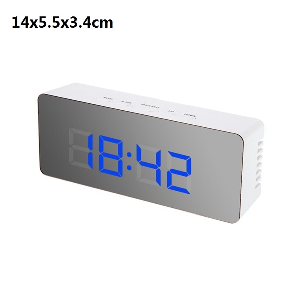 Digital Mirror Alarm Clock LED Display 5Fuctions Button Desk Clock Temperature Calendar Snooze Thermometer with USB 14x50x3.4cm