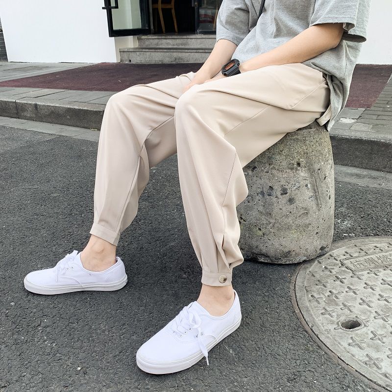 Sommer tynde afslappede bukser herre ensfarvet business kjole bukser mænd streetwear løse britisk stil haremsbukser m -2xl: Xxl / Off white