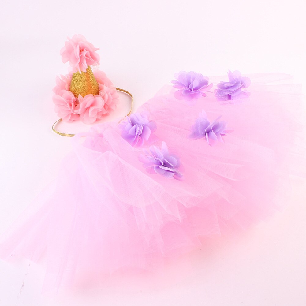 Newborn Baby Girl Tulle Skirt Mesh Fluffy Tutu Skirt With Flowers Decoration+ Princess Crown Headband 2pcs Outfit Photo Costumes: Pink