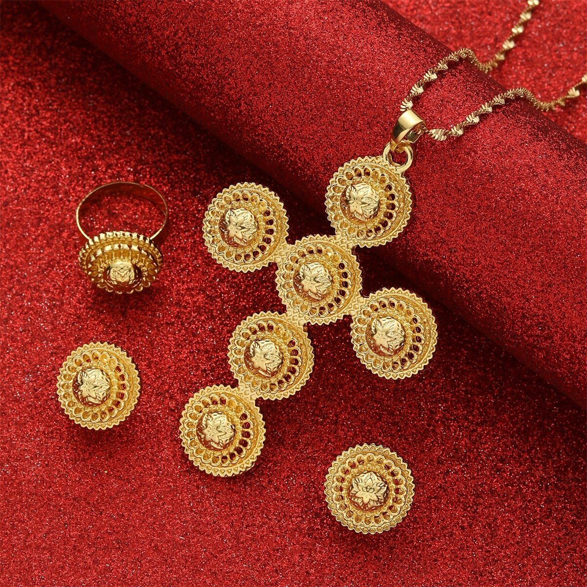Ethiopian Traditional Gold Cross Bridal Jewelry Sets For Women Ethiopia Eritrea Habesha Wedding Necklace Earrings