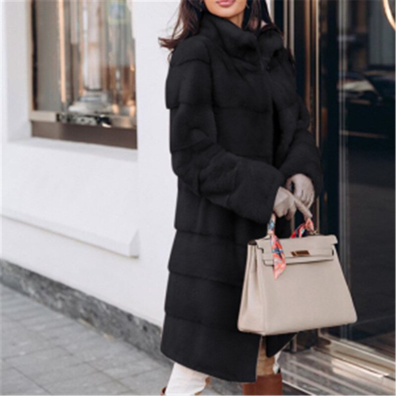 Umeko Elegante Effen Faux Vos Bontjas Vrouwen Winter Mode Medium Kunstmatige Vos Bontjas Vrouw Warm Nep Vos Bont jassen Vrouwelijke: Black / 2L