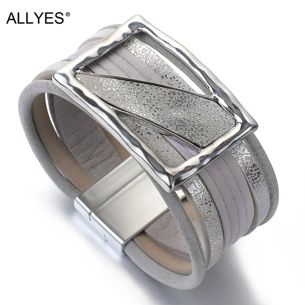 Allyes Holle Metalen Geometrische Rechthoek Charms Lederen Armband Voor Vrouwen Multilayer Wrap Armband Unisex Pendelen Sieraden