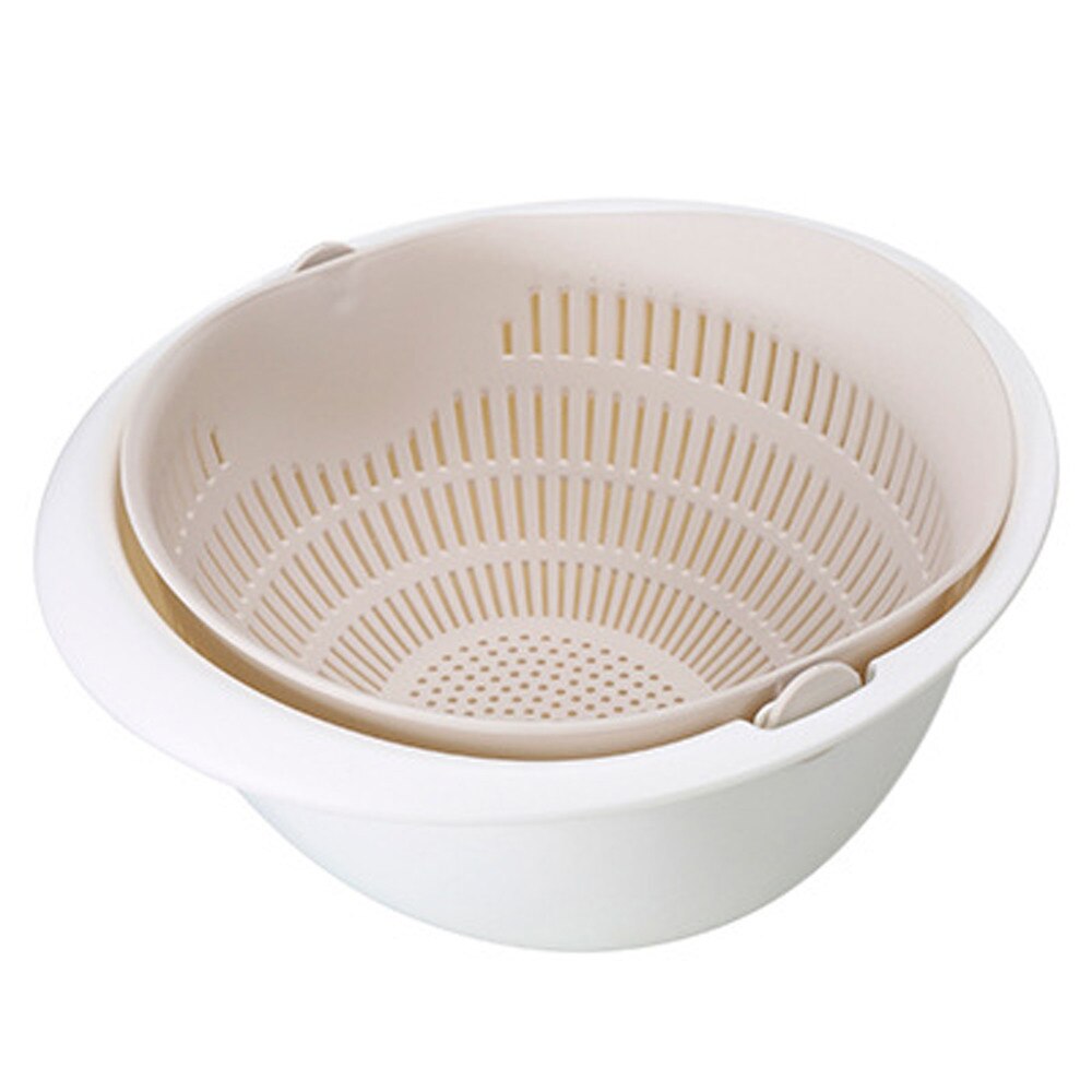 Kitchen Drain Basket Bowl Rice Washing Colander Baskets Kitchen Strainer Noodles Vegetables Fruit Double Drain Storage Basket: Beige