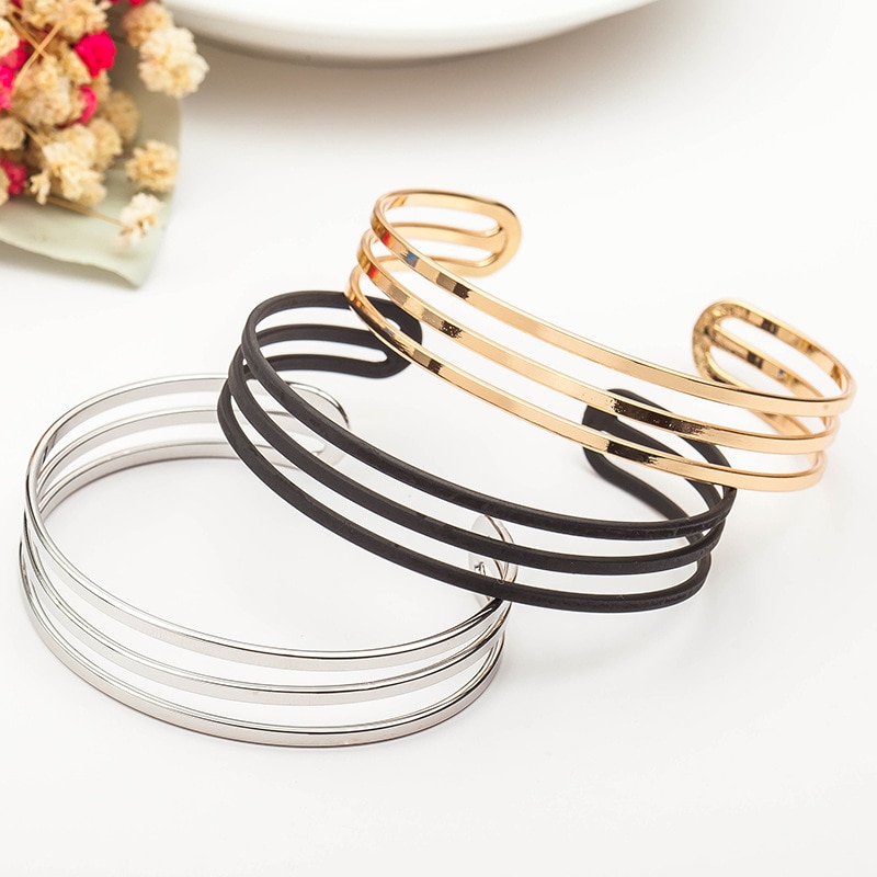 Mode-sieraden 3 Gelaagde Zilveren Kleur Goud Zwart Kleur Opening Verstelbare Draad Manchet Armbanden Armbanden Voor Vrouwen Mannen