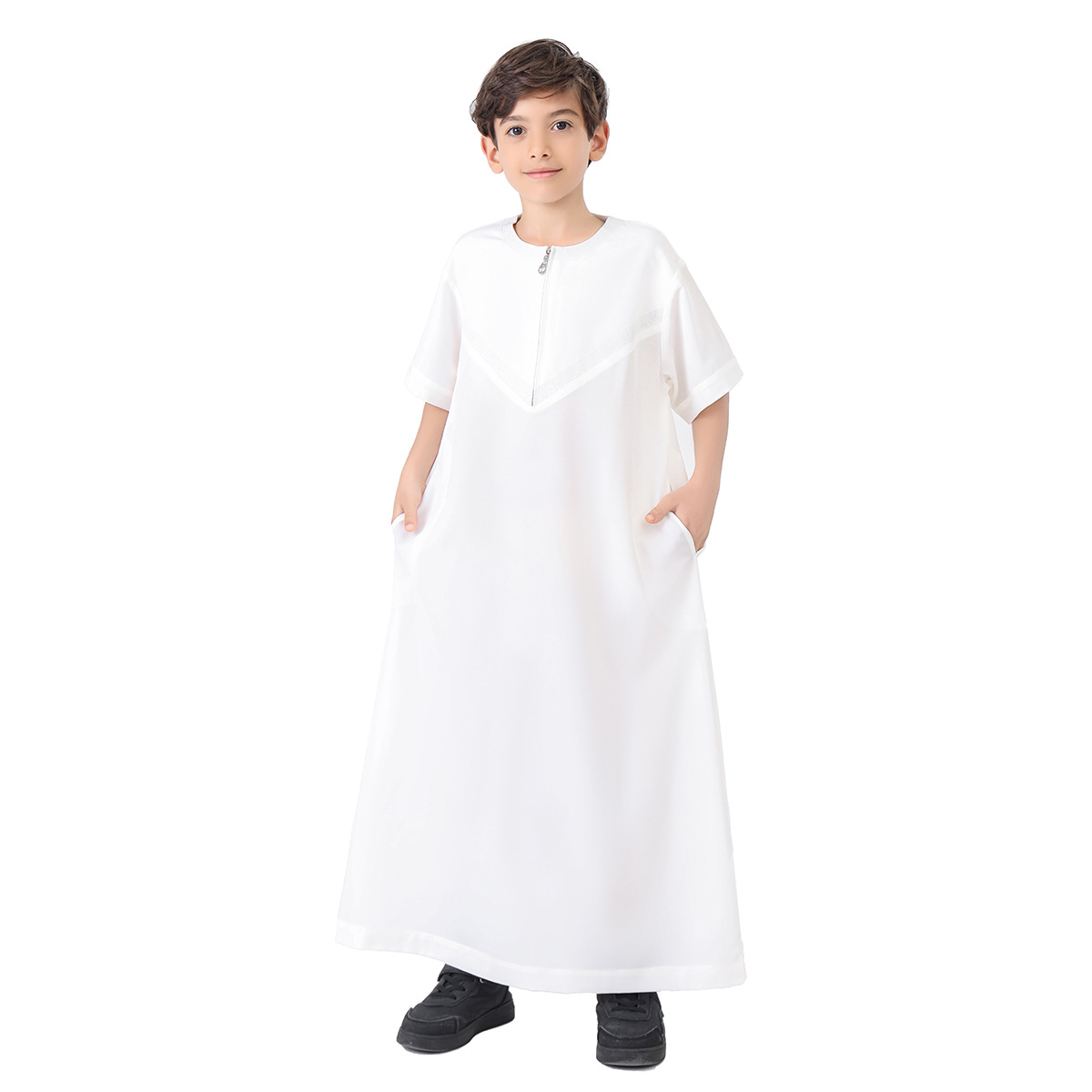 Roupões muçulmanos para meninos, roupões islâmicos do oriente médio, arábia saudita, cor sólida, manga comprida, bolsos, costura, phnom penh, gola redonda: XL / Branco