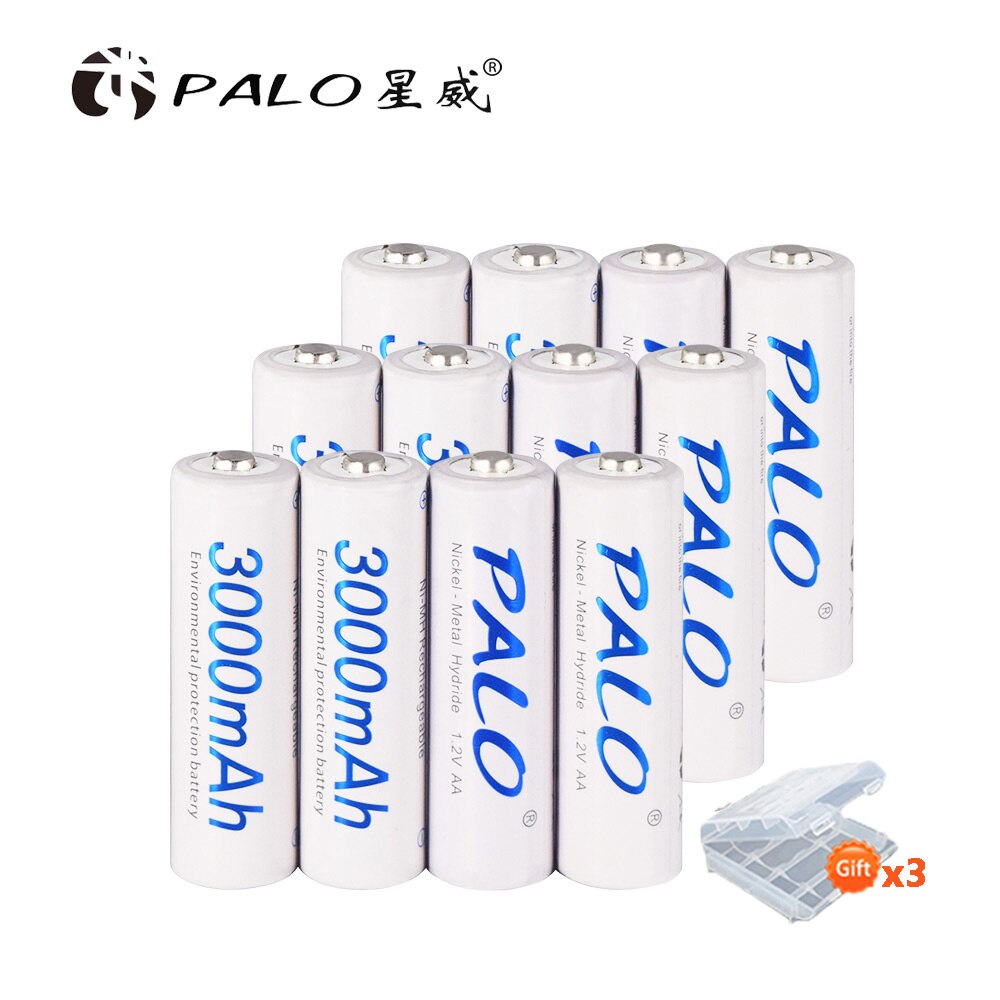 PALO 1.2V AA rechargeable batteries 3000mAh aa Ni-MH 100% original high capacity current AA battery rechargeble for camera ,toys: 12pcs