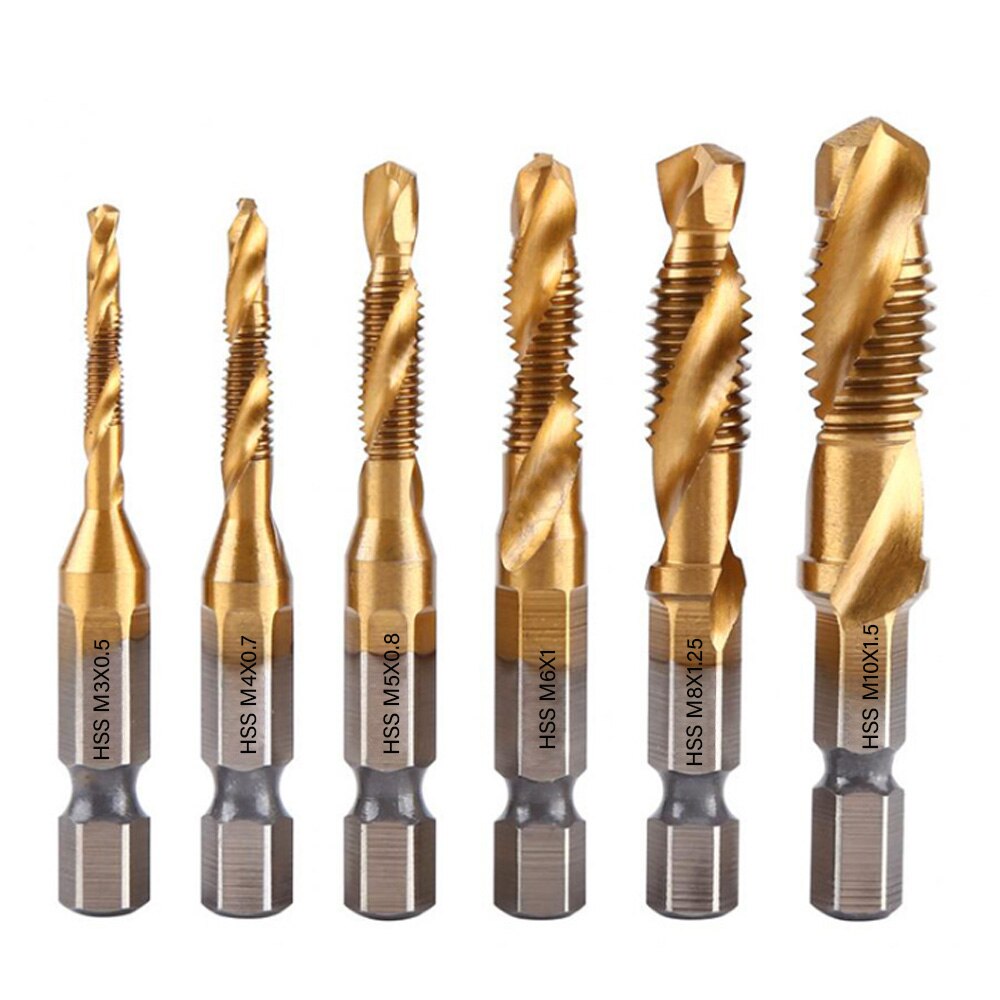 Titanium Plated Hex Shank HSS Screw Thread Metric Tap Drill Bits Screw Machine Compound M3 M4 M5 M6 M8 M10 Hand Tools: ZT22-6PCS Golden