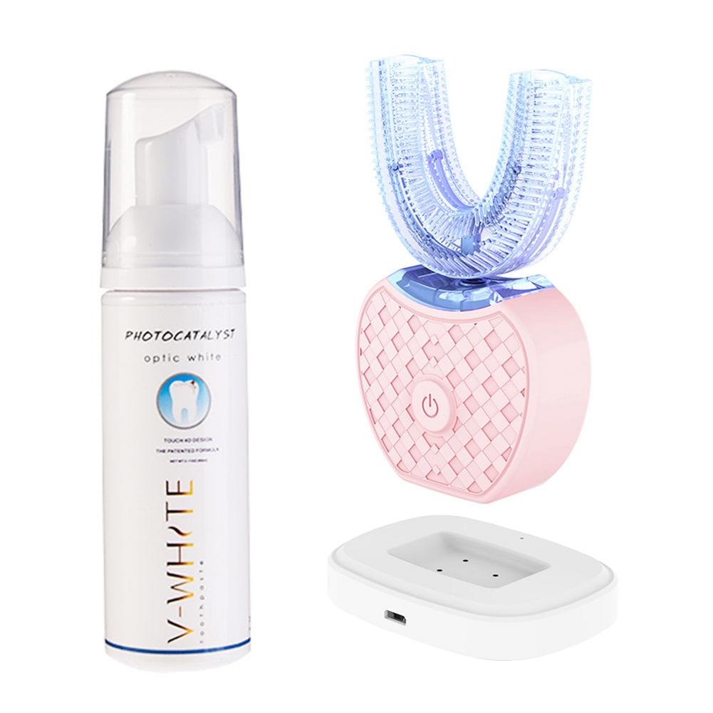 360 Degree Automatic Fast Electric Toothbrush Hands Free Automatic Whitening 360 Degree Ultrasonic Toothbrush U Shape Blue Light