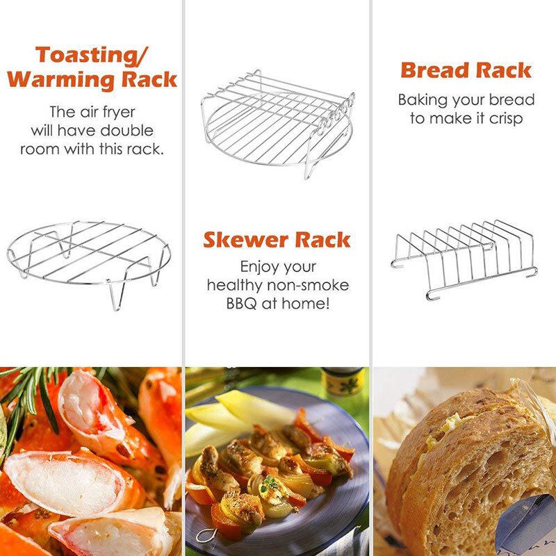 Electric Deep Fryer Parts Air Fryer Accessories 7in Inch 8 Pieces Set for 3.5-5.8QT Cake Barrel Pizza Pan Grill Kitchen Tools