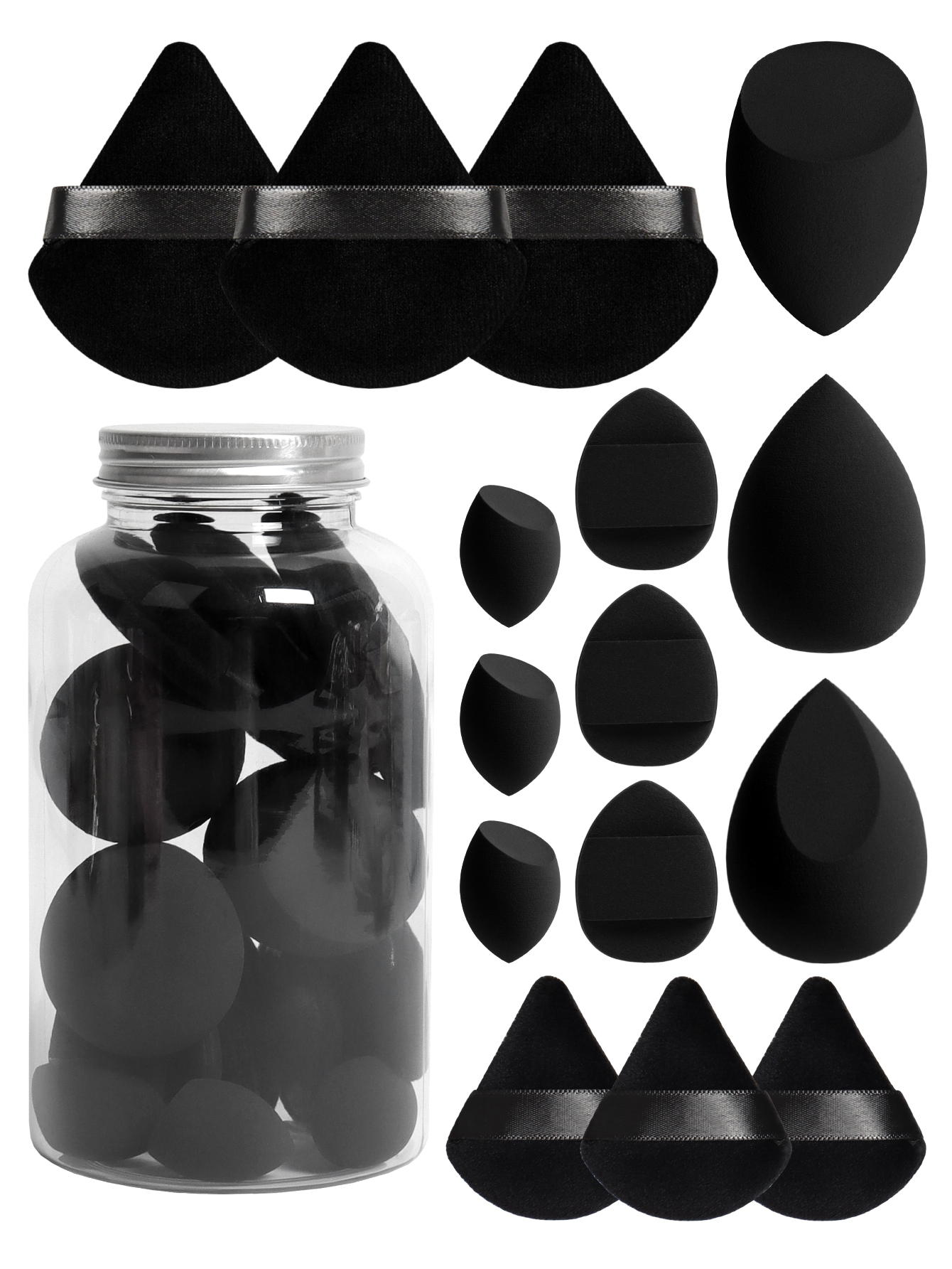 Primavera 15 latas, 3 esponjas para polvos sueltos y 3 mini esponjas para polvos sueltos y 3 mini huevos de maquillaje y 3 mini esponjas con cojín de aire, mezcla de bases: Negro