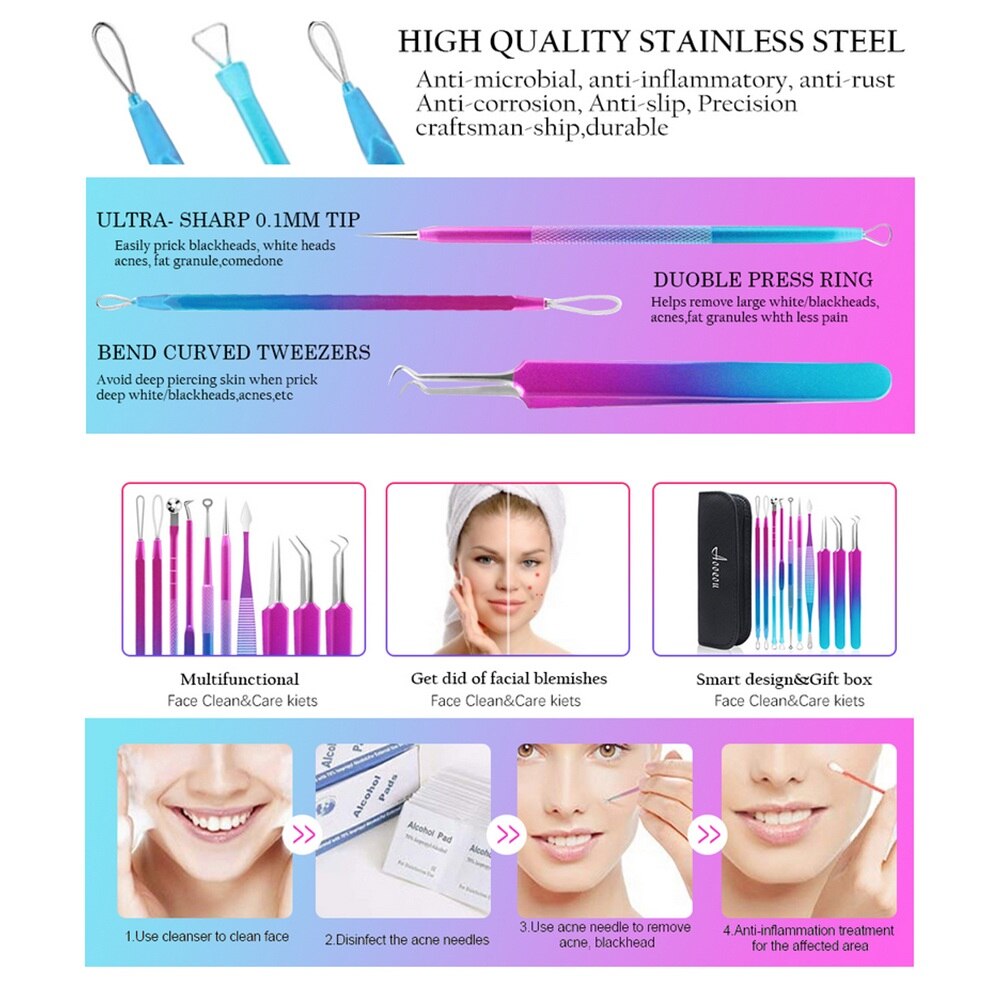 10pcs Acne Removal Tool Kit Pro Blackhead Remover Face Pimple Needle Clip Acne Removal Tool Kit Tweezers Skin Care Tools