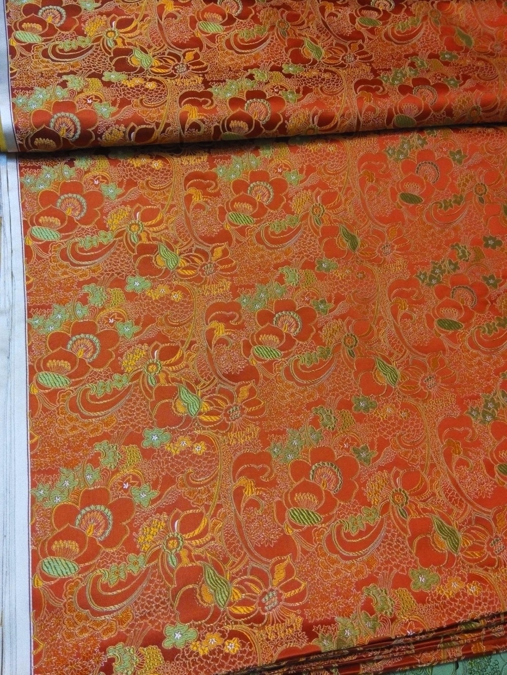 chinese silk brocade woven damask fabric cheongsam Cushion orange back with green and yellow Grapes flower