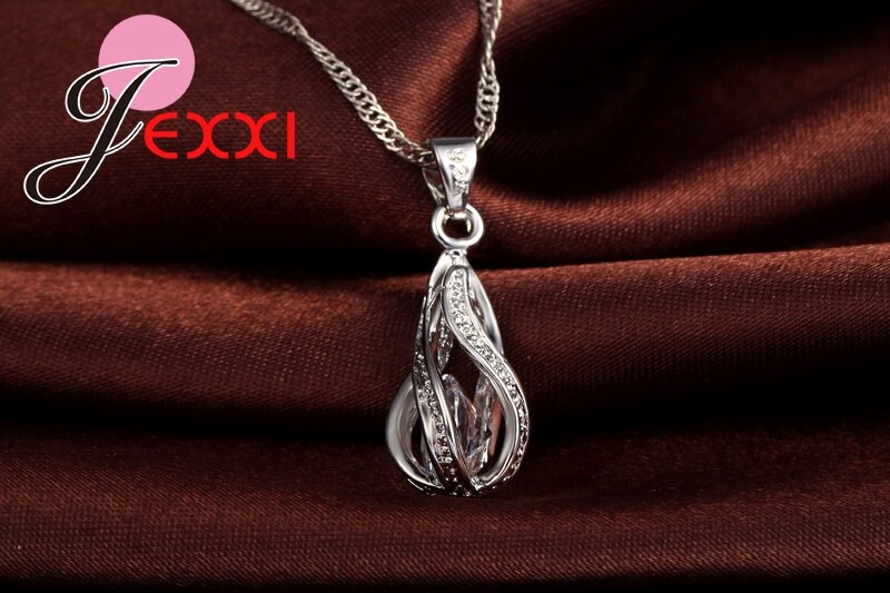 925 sterling sølv klassisk dråbeform hvid krystal smykker sæt vand bølge halskæde vedhæng hoop øreringe