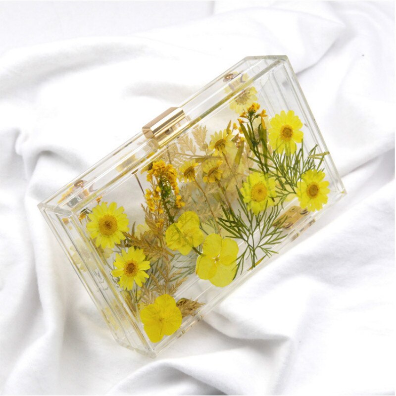Daisy Flower Women Evening Bag Transparent Acrylic Handbag Wedding Party Bride Purse Clear Box Clutch Chain Shoulder Bag