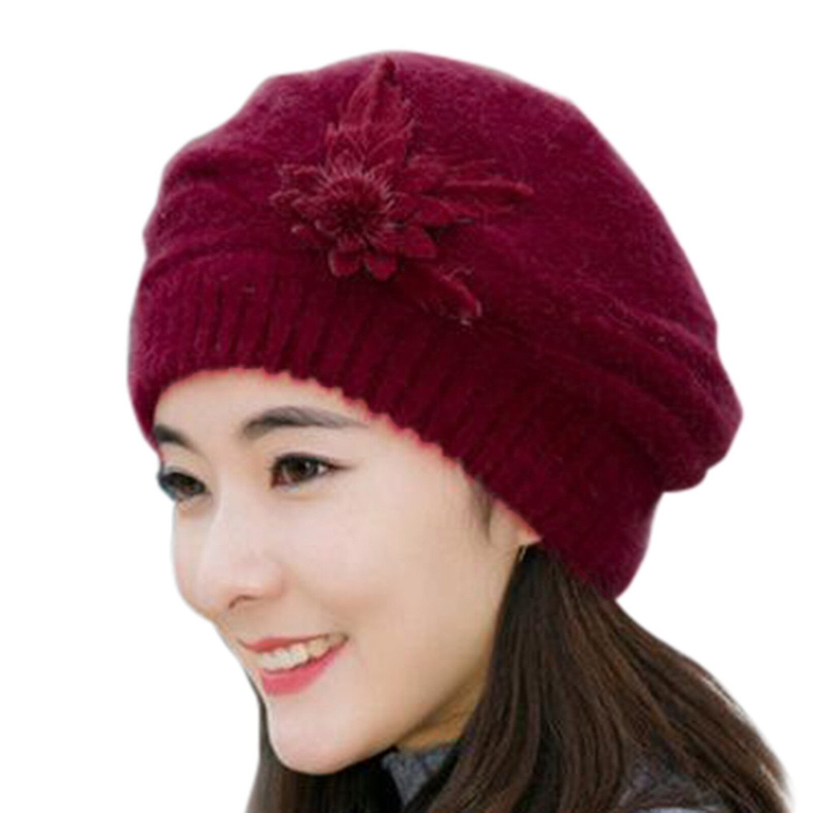 Dames Hoed Bloem Brei Haak Beanie Hat Winter Warm Cap Baret Meisje Mode Motorkap Cap Zachte wol Hoed: WE