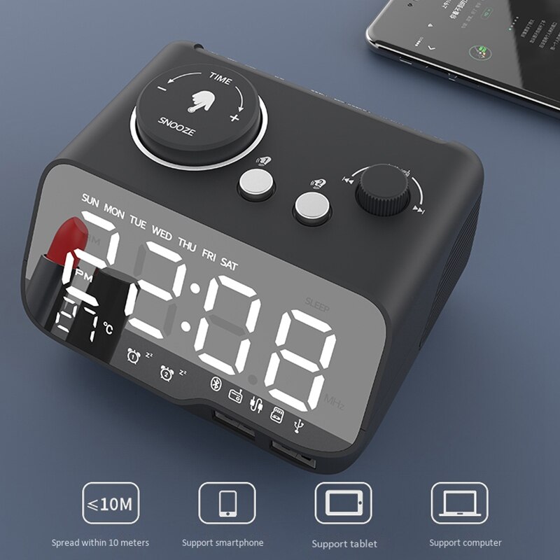 Digital Alarm Clock Bluetooth Speaker FM Radio Temperature Snooze Brightness Dimmer for Bedroom Sleep Timer