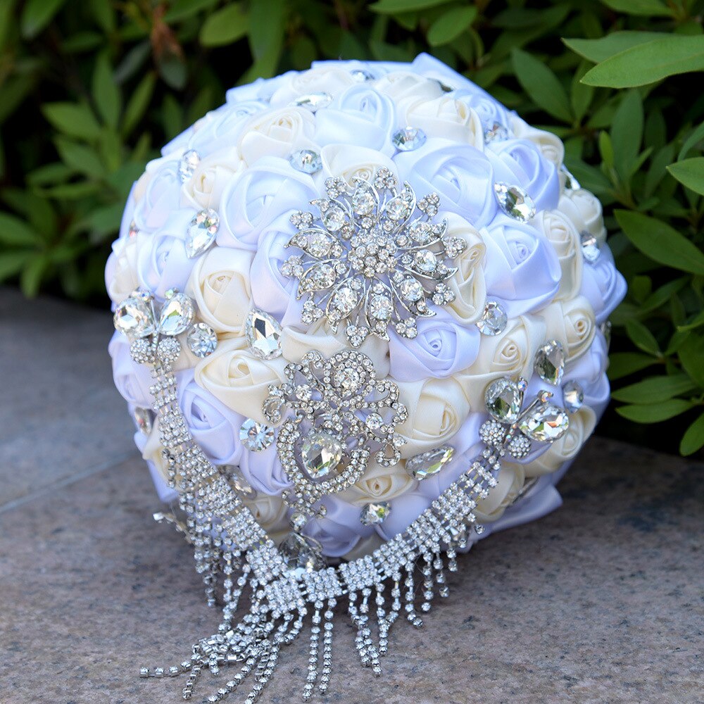 Tassel Diamond Wedding Bouquet White Ivory Pink Burgundy Crystal Silk Rose Wedding Flowers Bouquet De Mariage Bridal Bouquets: White Ivory
