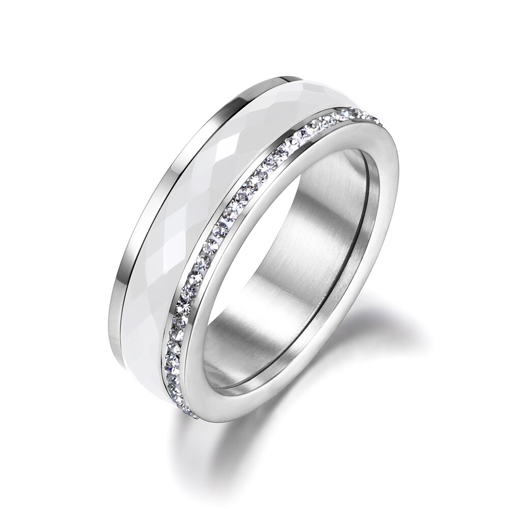 AENINE Classic Titanium Steel White Ceramics Rings Jewelry Gold Color Cubic Zirconia Wedding Engagement Rings For Women AR18056: 8 / Steel