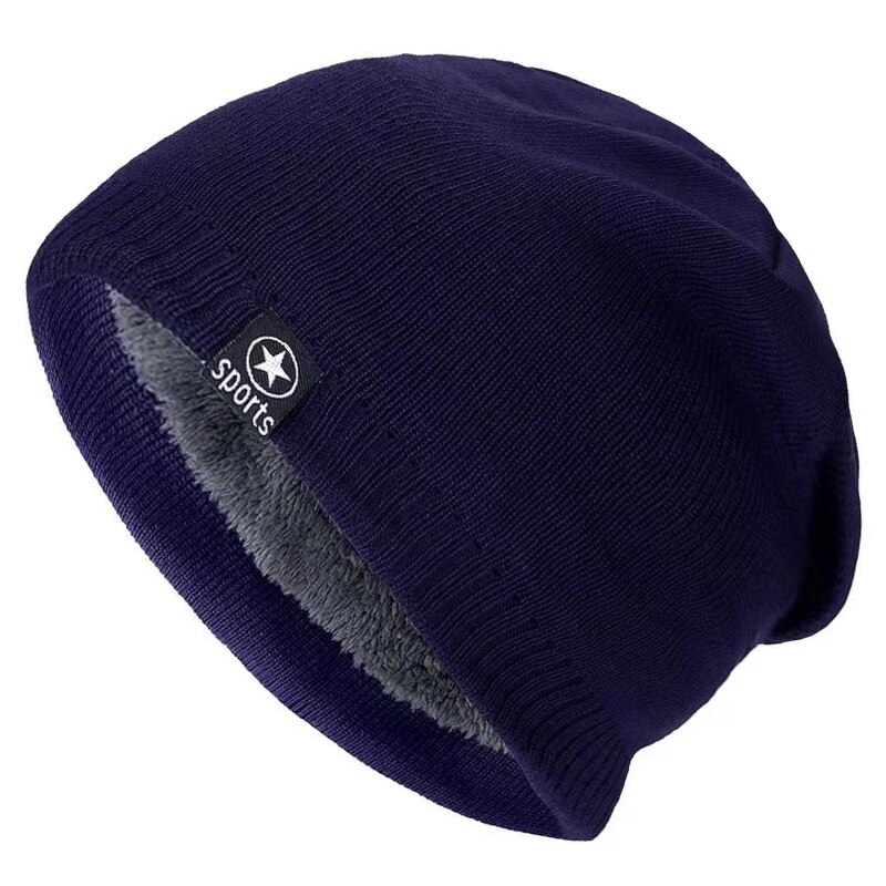 Vinter hatte til mænd ensfarvet strikket hat stjerne sport uld beanie vinter varm behagelig hat udendørs tykke varme hatte: Marine blå