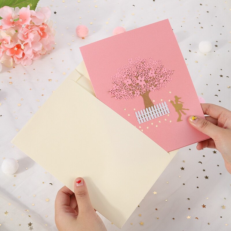Handgemaakte 3d pop-up kersenbloesem boom minnaar valentijn jubileum papier sakura groet uitnodiging 3d kaarten