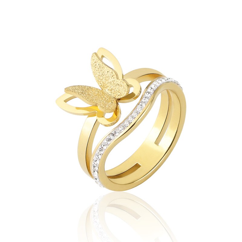 Koreanischen Stil edelstahl Schmuck matt Schmetterling Kristall Ring Frau Party Liebe Gft
