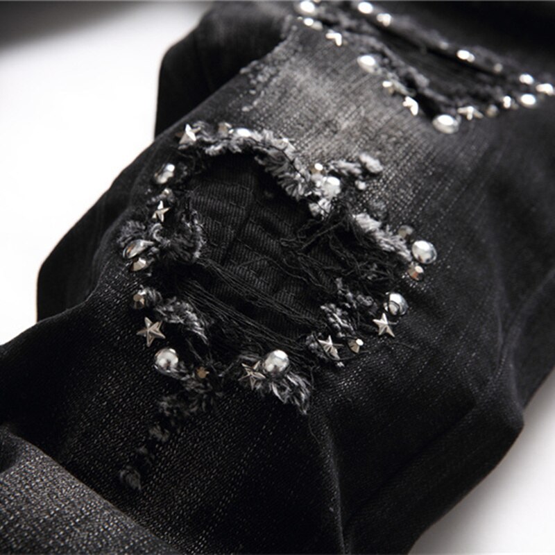 Pantalones vaqueros elásticos de estilo americano y europeo para hombre, Jeans negros rasgados con remaches, pantalones de pierna pequeña a la ,