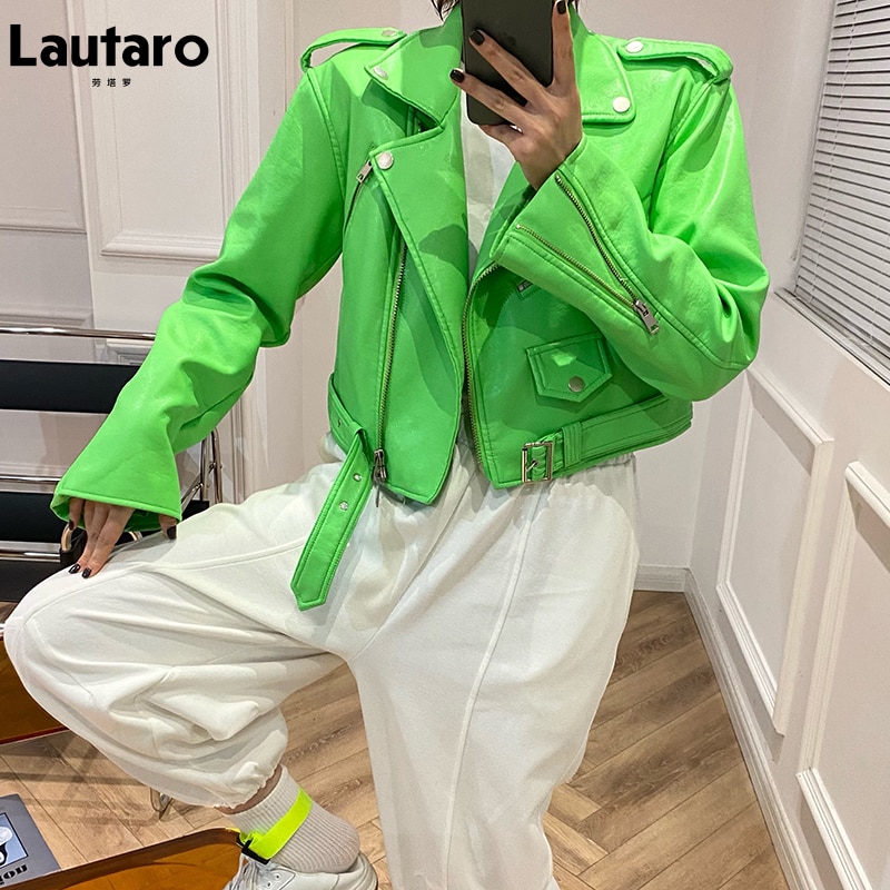 Lautaro-korte groene gekko biker leren jas voor dames, lange mouw, ritsriem, gekleurde stijlvolle bovenkleding, Y2K mode, 2024