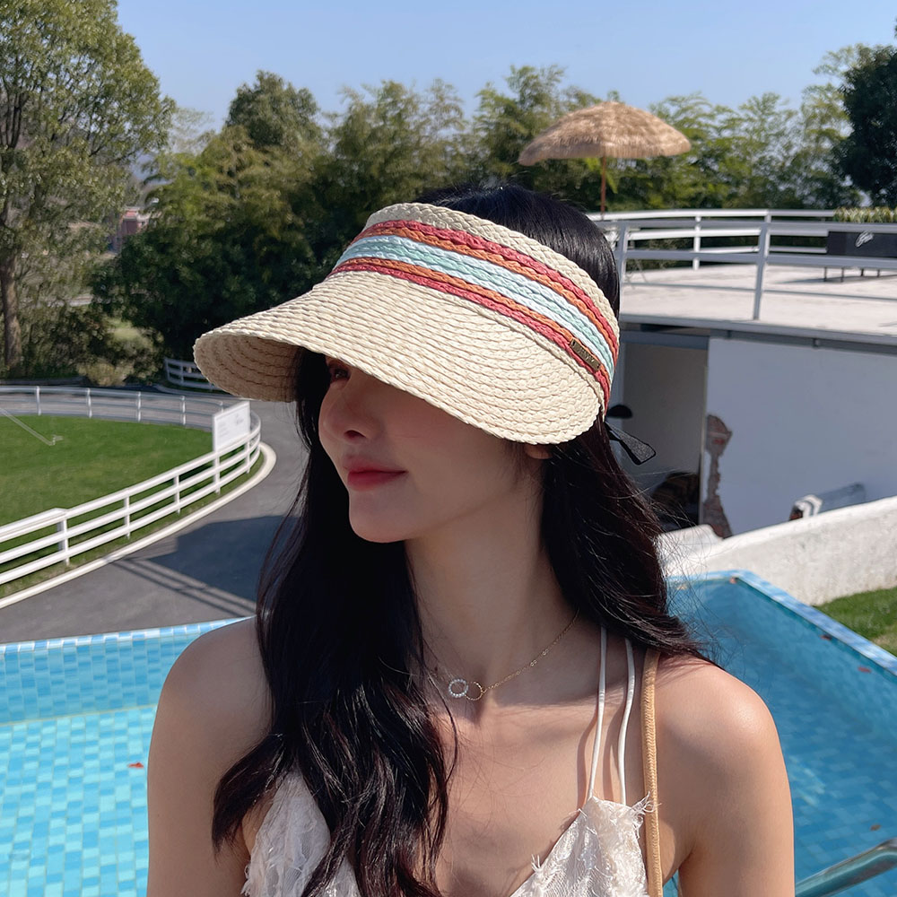 RAFFIA Summer lady Empty Top Sun Visor Hat Beach hat Summer hats straw Wide Brim Sun Caps UV Protection Hat For Men And Women: Beige