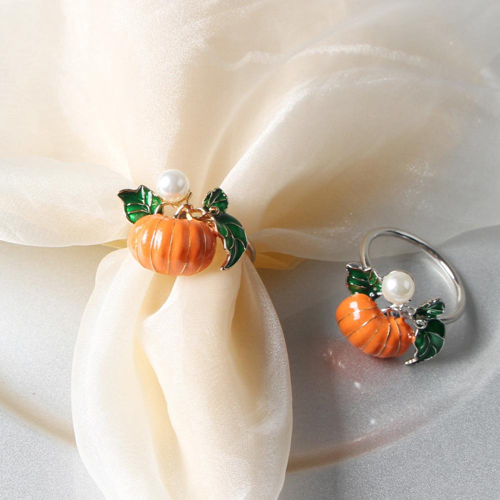 5Pc Legering Thuis Gele Pompoen Servet Ring Set Van Groen Blad Servet Gesp Voor Kerstmis, , bruiloft, Halloween Party