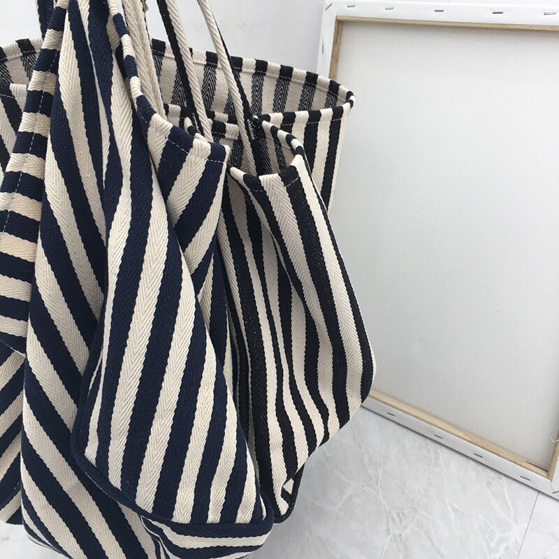 Bag Female Spring and Summer Large Capacity Canvas Bag Pinstripe Shoulder Bag Shopping Bag Bolsas De Mujer